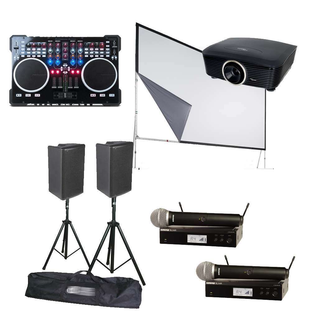 Präsentationsset Leinwand, Beamer, Lautsprecher und Funkmikrofone ...